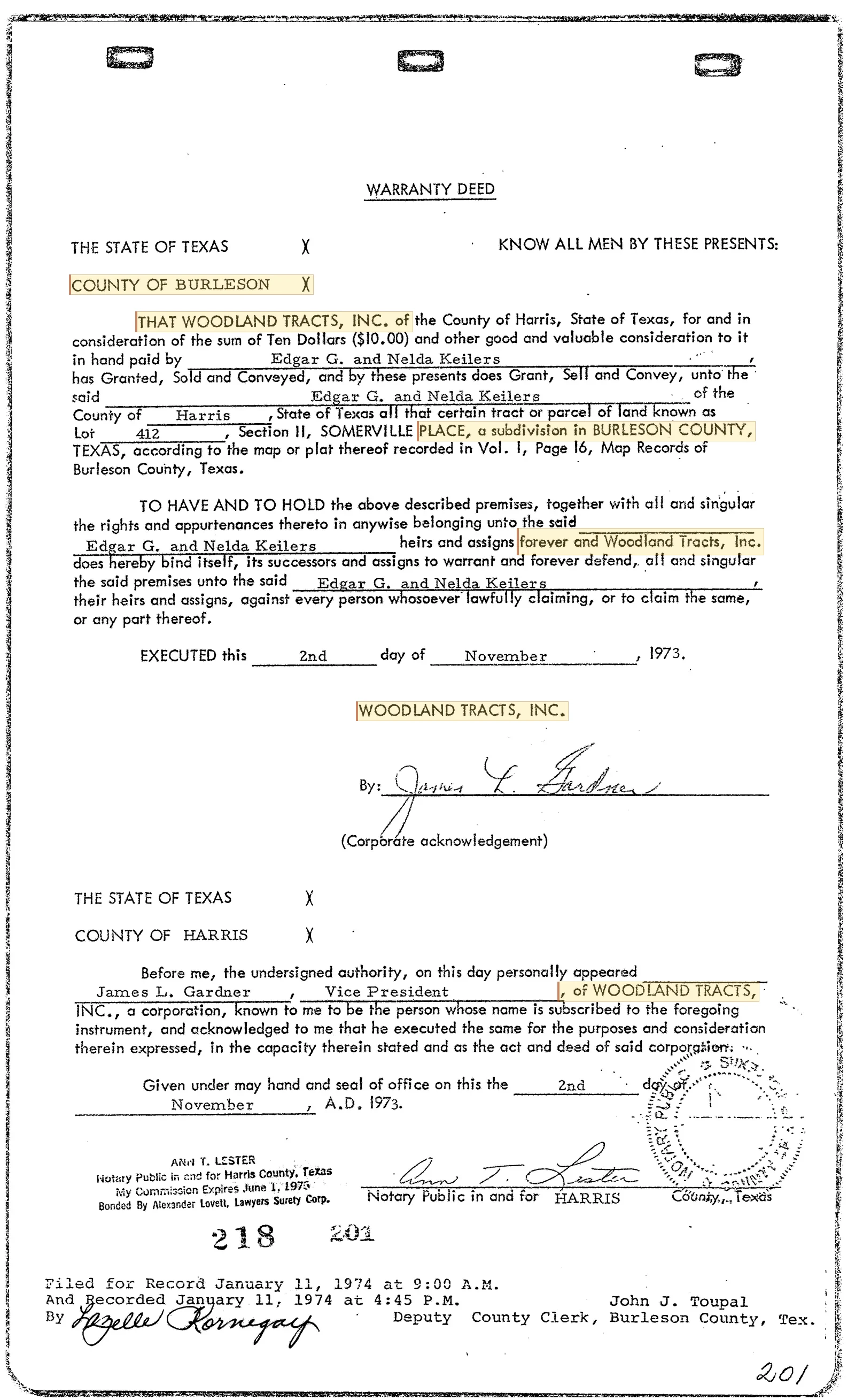 Woodland Tracts, Inc. - Recorded Warranty Deed (Vol. 218, Page 201)
