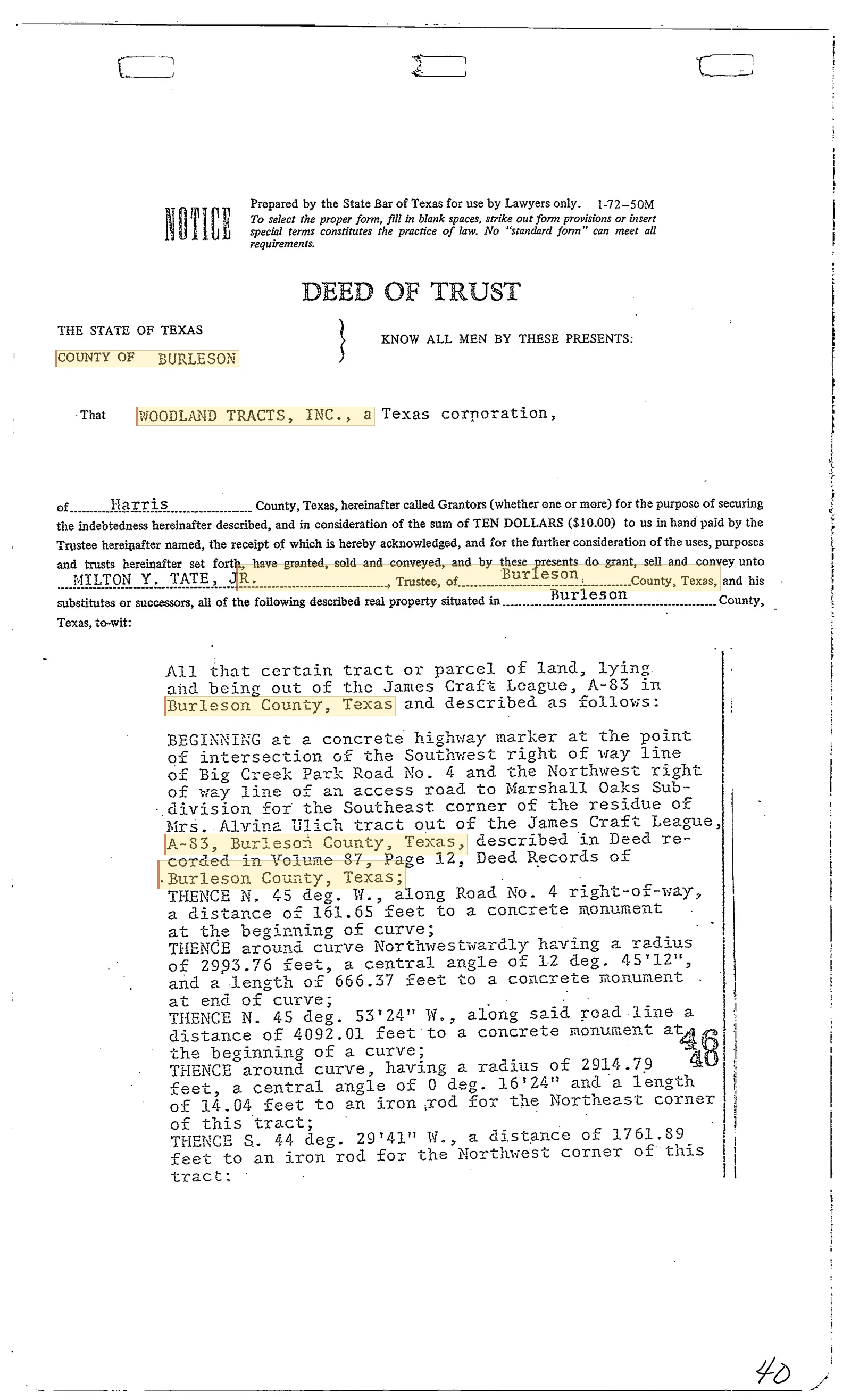 Woodland Tracts, Inc. - Recorded Deed Of Trust (Vol. 46, Page 40)